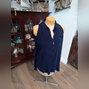 Jennifer Lauren Size XL Navy Blue Cold Shoulder Button-Up Collard  Blouse